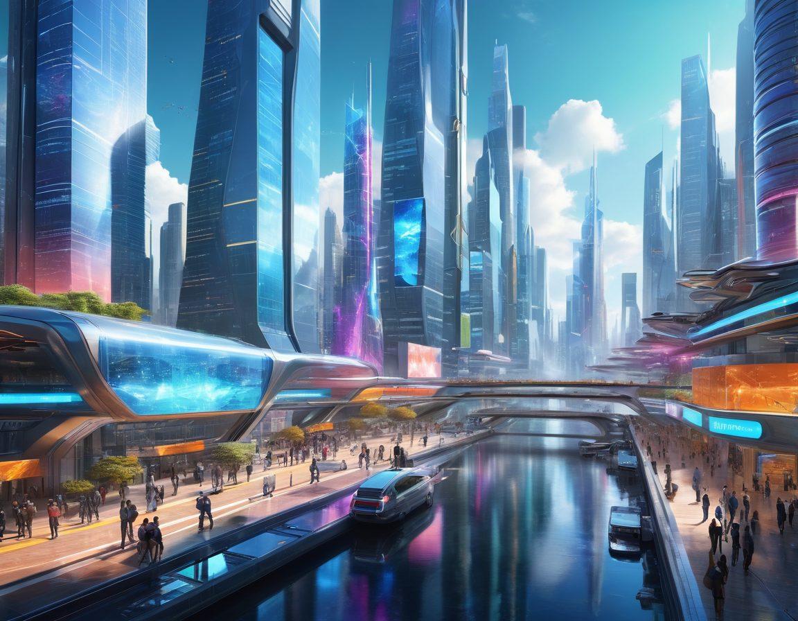 A dynamic landscape depicting a futuristic city filled with advanced tools and technologies, showcasing diverse services aiding transformation such as holographic displays, drones, and innovative architecture. Include diverse people interacting with these tools, symbolizing collaboration and progress. Bright, engaging colors to convey a sense of optimism and innovation. super-realistic. vibrant colors. 3D.