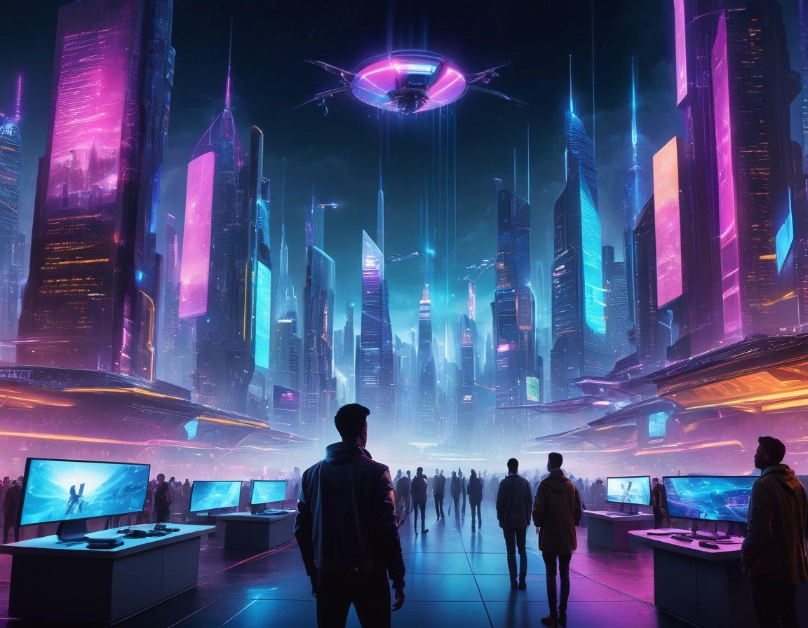 A futuristic city skyline with advanced technologies like drones, AI interfaces, and holograms illuminating the night sky. In the foreground, a diverse group of individuals engaged in collaborative innovation, surrounded by gadgets and interactive screens. The atmosphere radiates excitement and possibility, symbolizing the transformative power of LIHP Innovations. vibrant colors. cyberpunk style.