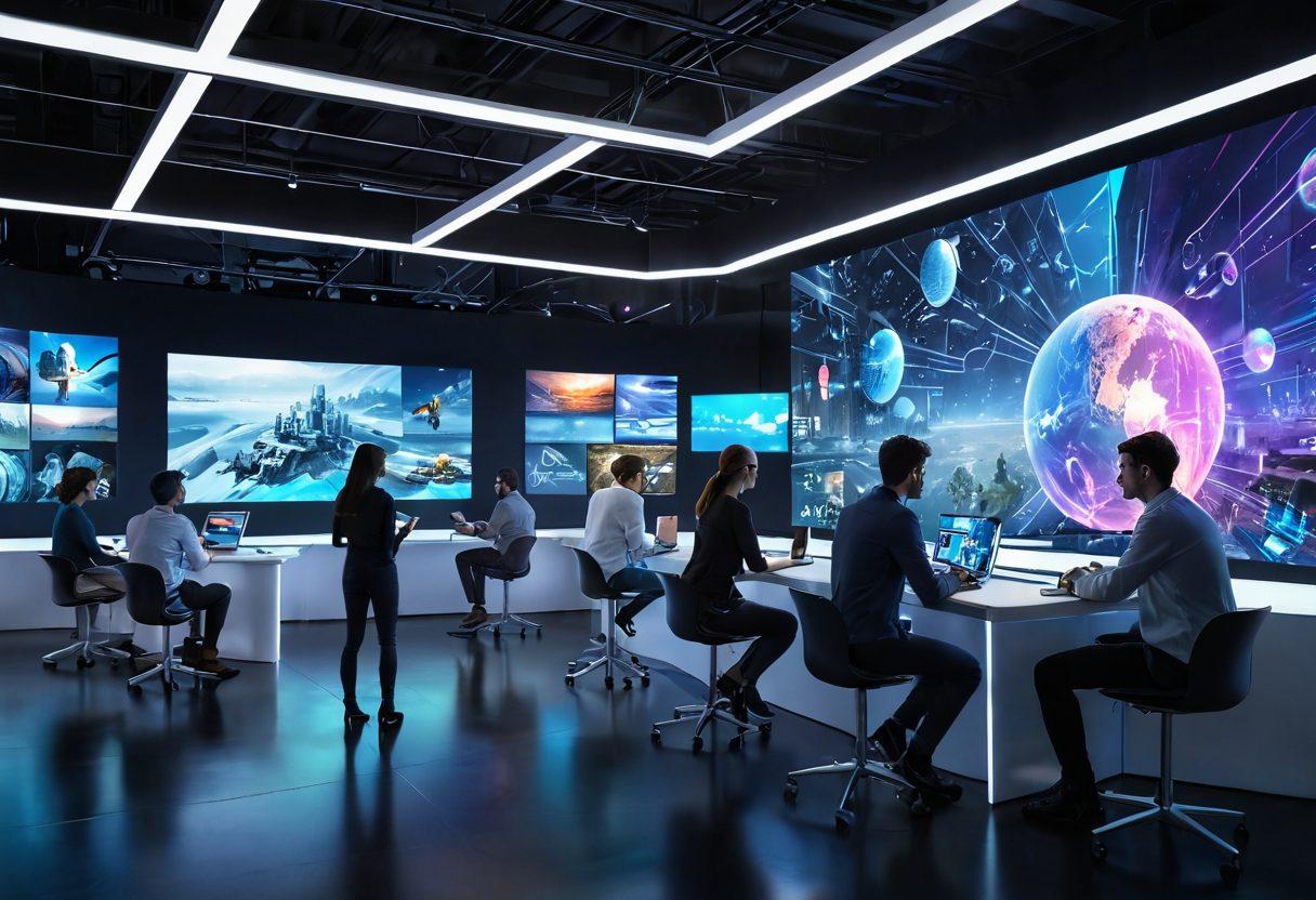 A futuristic landscape showcasing advanced technology integration, with diverse individuals collaborating on innovative devices, amidst a backdrop of digital connections and holographic displays. Emphasize the harmony between technology and human interaction, featuring bright and engaging colors to evoke a sense of innovation. Include elements like smart gadgets, transparent screens, and a supportive community atmosphere. super-realistic. vibrant colors. 3D.